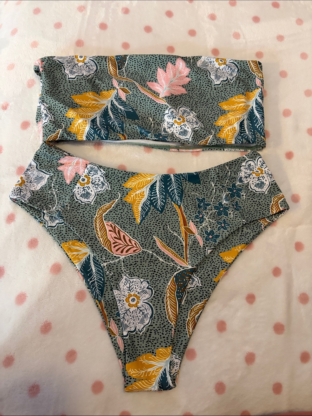 Floral High-Waist Bikini Set in Sage Green, Mustard & Pink